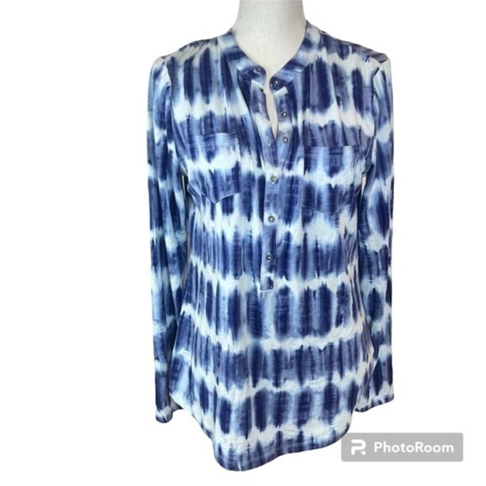 Relativity Blue Tie Dye Business Casual Light Beach Boho Coastal Blouse Large